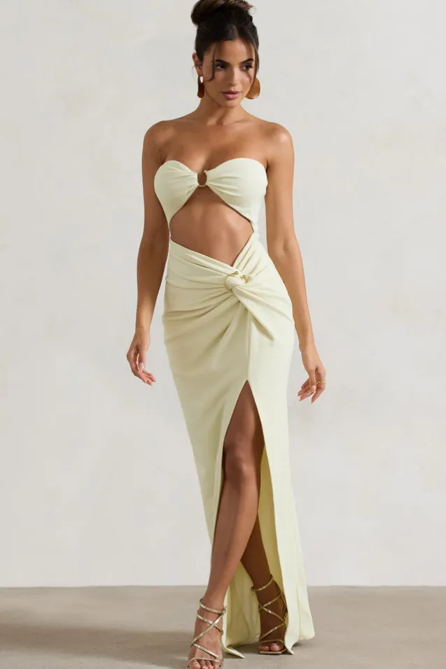 Cancun | Ecru Crinkle Strapless Cut-Out Maxi Dress With Twist