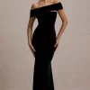 Candela | Black Velvet Asymmetric Bardot Maxi Dress