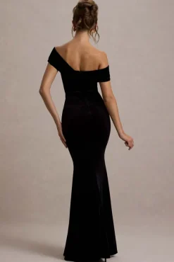 Candela | Black Velvet Asymmetric Bardot Maxi Dress