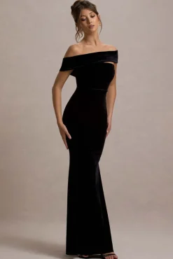 Candela | Black Velvet Asymmetric Bardot Maxi Dress