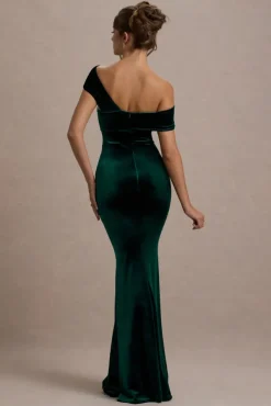 Candela | Bottle Green Velvet Asymmetric Bardot Maxi Dress