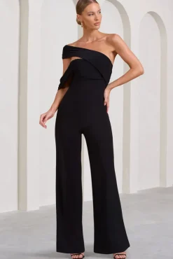 Candy | Black Asymmetric One Shoulder Ruched Jumpsuit