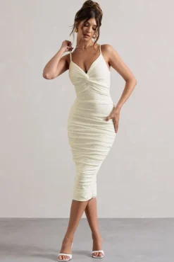 Cannes | White Broderie Knit Strappy Twist Midi Dress