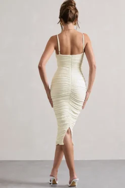 Cannes | White Broderie Knit Strappy Twist Midi Dress
