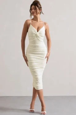 Cannes | White Broderie Knit Strappy Twist Midi Dress