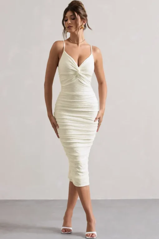Cannes | White Broderie Knit Strappy Twist Midi Dress