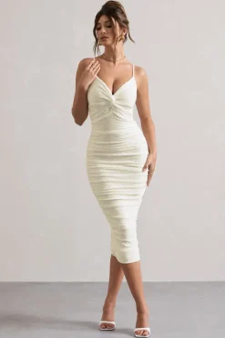 Cannes | White Broderie Knit Strappy Twist Midi Dress