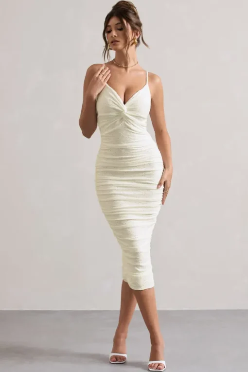 Cannes | White Broderie Knit Strappy Twist Midi Dress