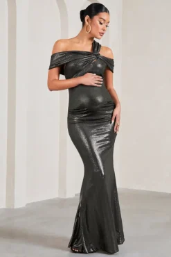 Captivating | Silver Metallic Strappy Asymmetric Cut-Out Maternity Maxi Dress