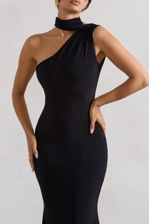 Capucine | Black One Shoulder Draped Maxi Dress