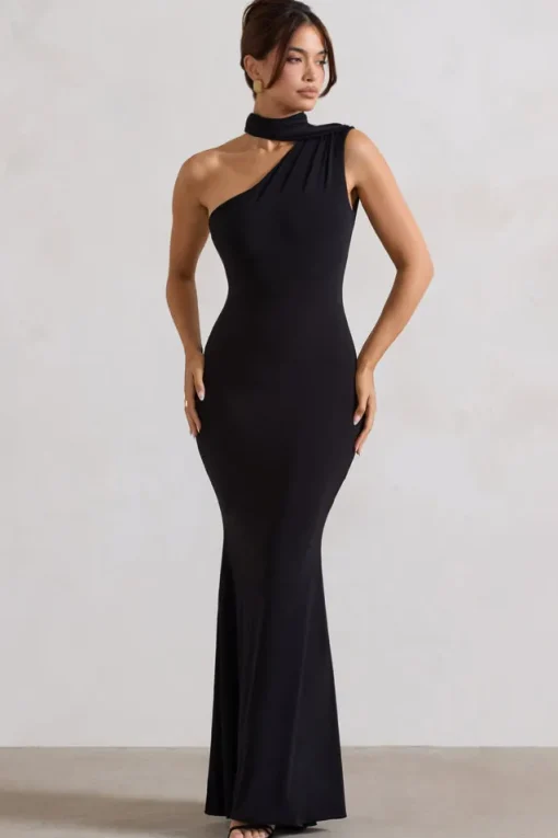 Capucine | Black One Shoulder Draped Maxi Dress