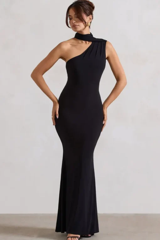Capucine | Black One Shoulder Draped Maxi Dress