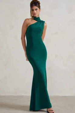 Capucine | Bottle Green One Shoulder Draped Maxi Dress