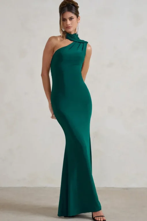 Capucine | Bottle Green One Shoulder Draped Maxi Dress