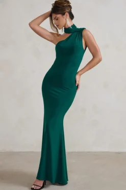 Capucine | Bottle Green One Shoulder Draped Maxi Dress