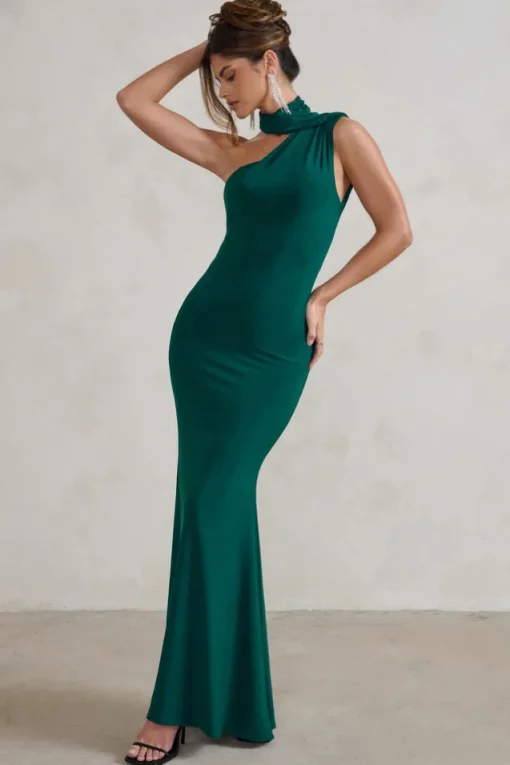 Capucine | Bottle Green One Shoulder Draped Maxi Dress