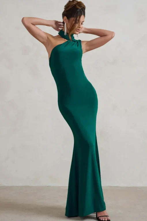 Capucine | Bottle Green One Shoulder Draped Maxi Dress
