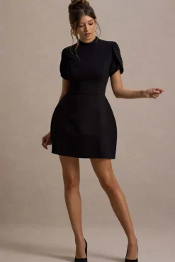 Carabella | Black High-Neck Short-Sleeve Mini Dress