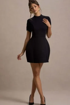 Carabella | Black High-Neck Short-Sleeve Mini Dress