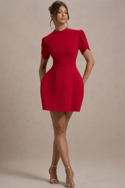 Carabella | Red High-Neck Short-Sleeve Mini Dress