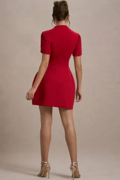 Carabella | Red High-Neck Short-Sleeve Mini Dress