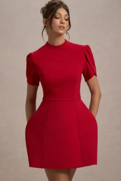 Carabella | Red High-Neck Short-Sleeve Mini Dress