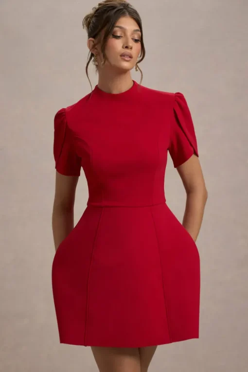 Carabella | Red High-Neck Short-Sleeve Mini Dress