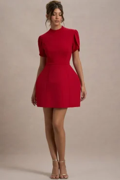 Carabella | Red High-Neck Short-Sleeve Mini Dress