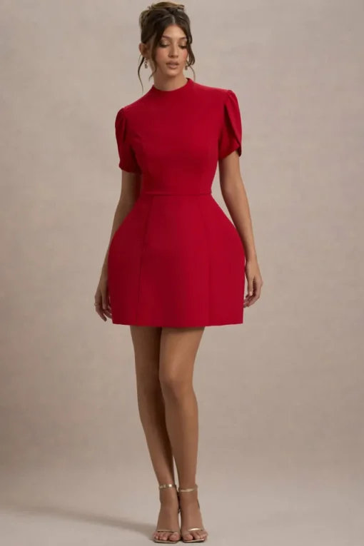 Carabella | Red High-Neck Short-Sleeve Mini Dress
