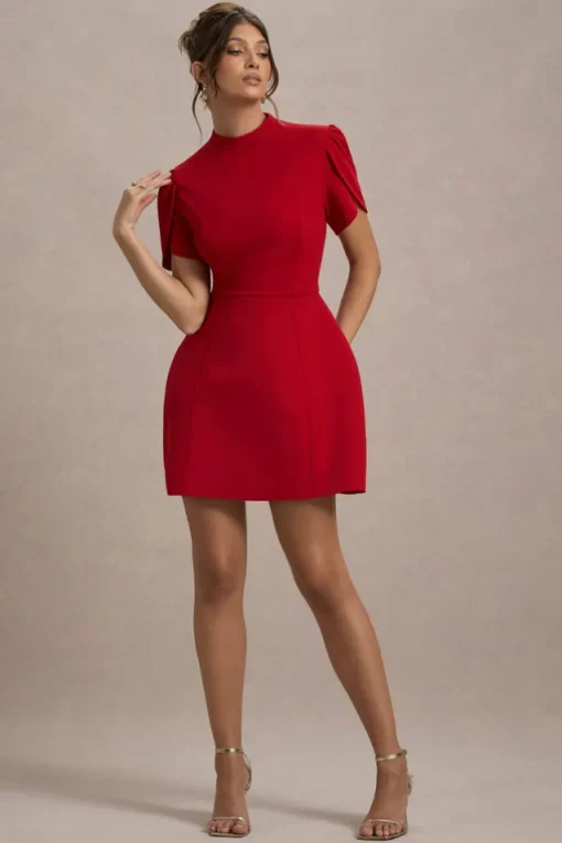 Carabella | Red High-Neck Short-Sleeve Mini Dress