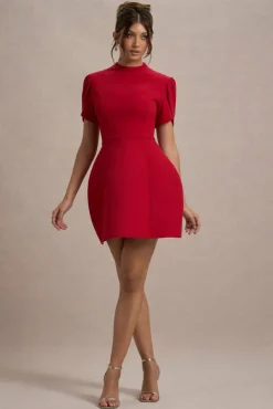 Carabella | Red High-Neck Short-Sleeve Mini Dress