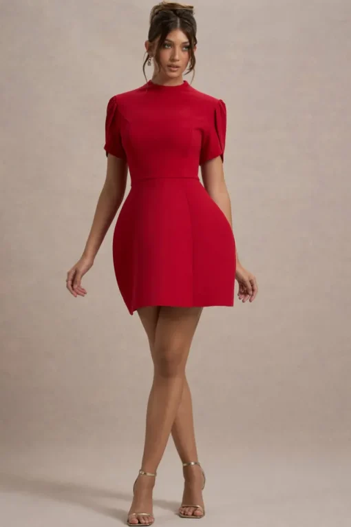 Carabella | Red High-Neck Short-Sleeve Mini Dress