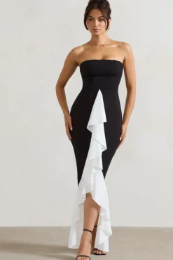Carbonne | Black u0026 White Bandeau Ruffled Maxi Dress