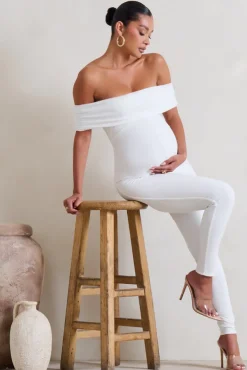 Carefully Crafted | White Maternity Bardot Fitted Jumpsuit