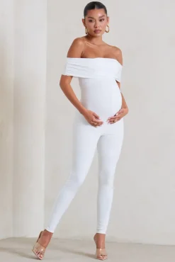 Carefully Crafted | White Maternity Bardot Fitted Jumpsuit