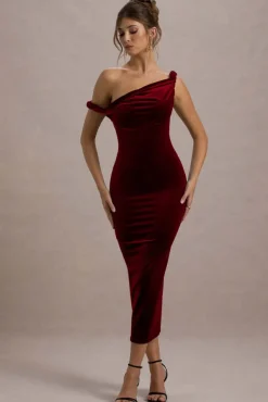 Carella | Berry Velvet Twisted Asymmetric Midi Dress