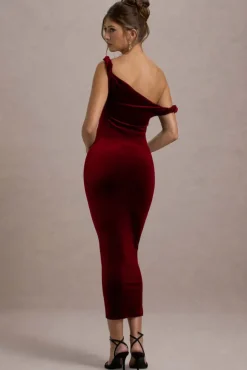 Carella | Berry Velvet Twisted Asymmetric Midi Dress