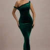 Carella | Bottle Green Velvet Twisted Asymmetric Midi Dress