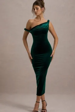 Carella | Bottle Green Velvet Twisted Asymmetric Midi Dress