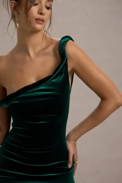 Carella | Bottle Green Velvet Twisted Asymmetric Midi Dress