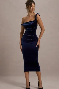Carella | Navy Velvet Twisted Asymmetric Midi Dress