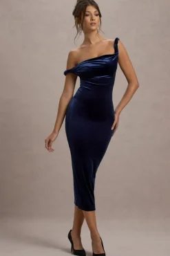 Carella | Navy Velvet Twisted Asymmetric Midi Dress