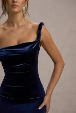 Carella | Navy Velvet Twisted Asymmetric Midi Dress