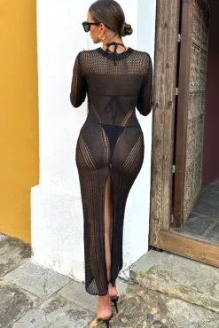 Caribbean | Black Crochet Long-Sleeve Split Maxi Dress