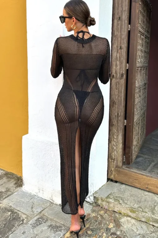 Caribbean | Black Crochet Long-Sleeve Split Maxi Dress