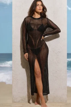 Caribbean | Black Crochet Long-Sleeve Split Maxi Dress