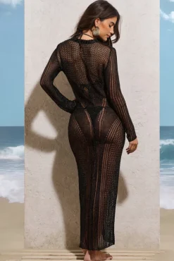 Caribbean | Black Crochet Long-Sleeve Split Maxi Dress