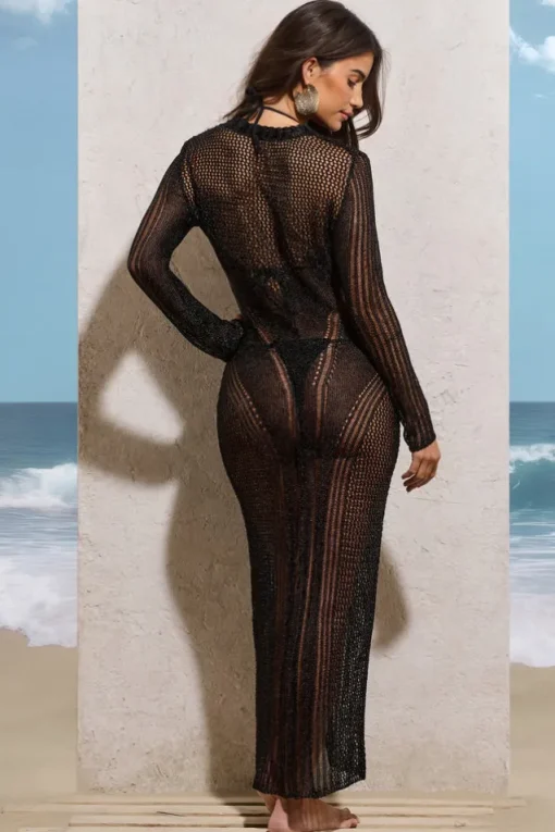Caribbean | Black Crochet Long-Sleeve Split Maxi Dress