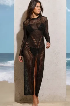 Caribbean | Black Crochet Long-Sleeve Split Maxi Dress
