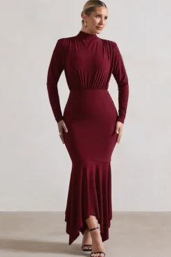 Carla | Berry High-Neck Maxi Dress With Draped Hem